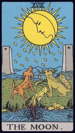 The Moon tarot meaning explained: illusion, fear, intuition, love, career, reversed meaning, and self-reflection questions.