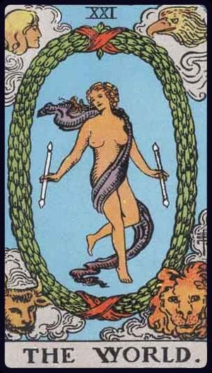 The World tarot meaning explained: completion, fulfillment, integration, love, career, reversed meaning, and self-reflection questions.